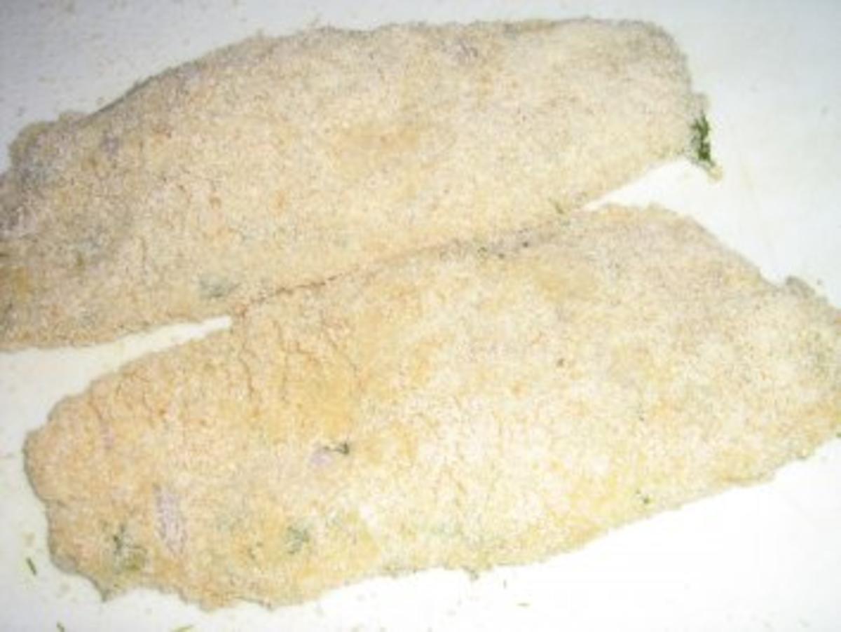 Pangasiusfilet mit  Parmesan Panade an Senf-Dill-Sauce - Rezept - Bild Nr. 4