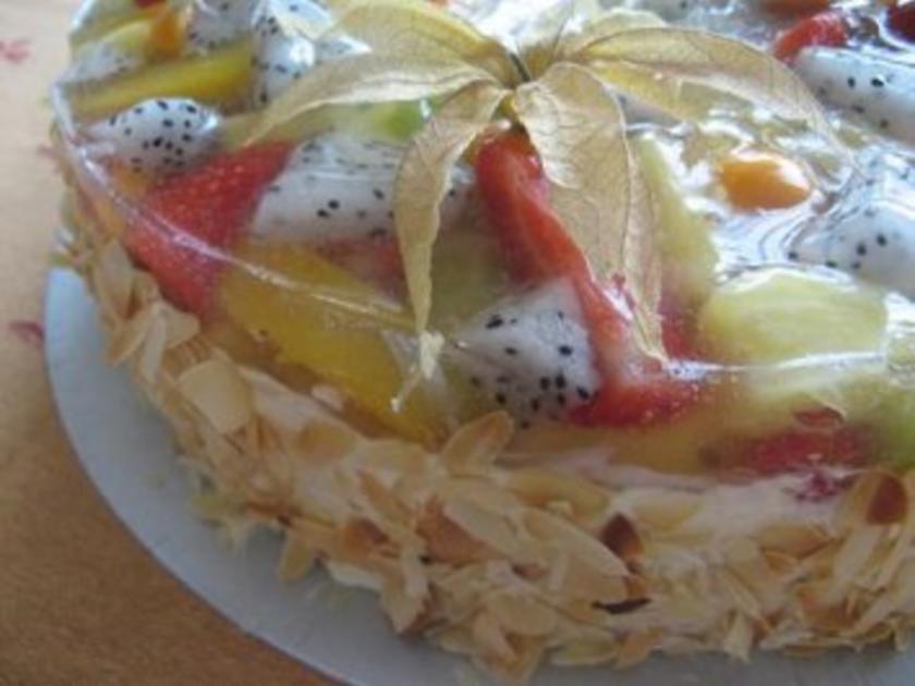 Obstkuchen mit exotischen Früchten - einfach - 85 kcal/100g