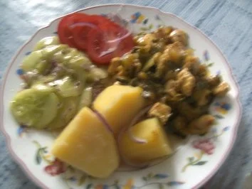 Rezept: Hähnchen-Minutenschnitzel in Curry-Sahne Gemüse-Bett Hähnchen-Minutenschnitzel in Curry-Sahne Gemüse-Bett - Rezept