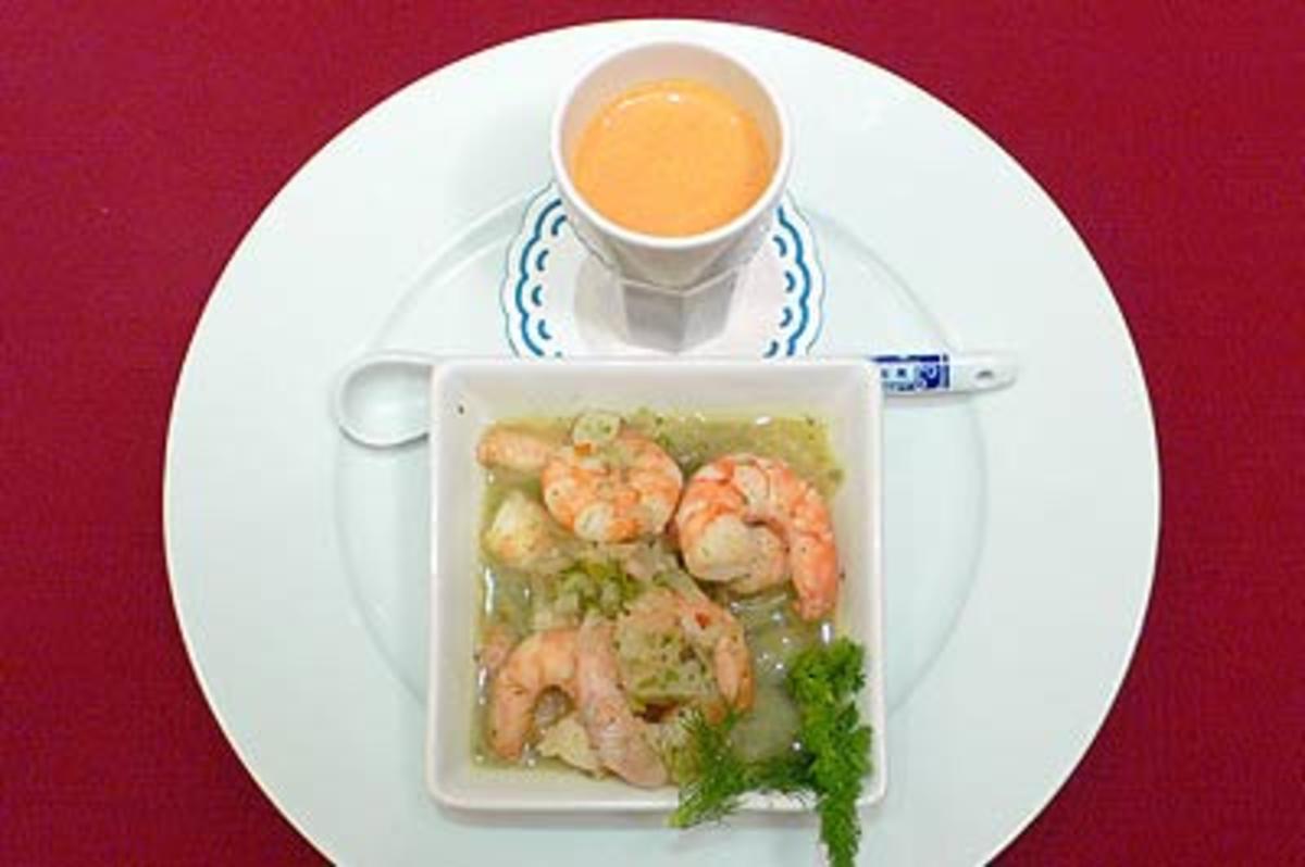 Gazpacho-Shot und pikante Shrimps - Langostinos picantes - Rezept
