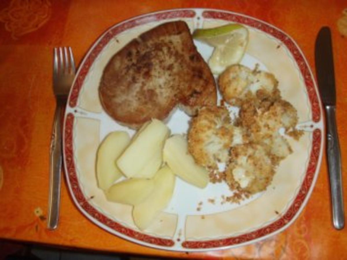 Gelbflossen - Thunfish - Tranchen, Blumenkohl und Salzkartoffeln - Rezept