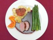 Schweinefilet in Cumberland-Portweinsoße an Kartoffelgratin und Spargel - Rezept - Bild Nr. 2