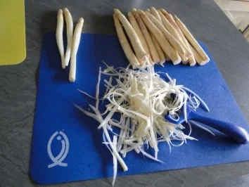 Gebratener Spargel mit gebr. Schinken, Pilze und und Parmesan, ergibt - Rezept