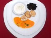 Atlantische Seeteufel-Bäckchen mit zweierlei Soßen auf Risottoreis - Rezept - Bild Nr. 2
