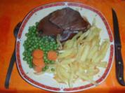 Rinderbraten, "ganz einfach " mit Pommes Frites und Erbsen und Karotten - Rezept