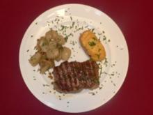 Zartes Novillosteak mit Schalotten in Pilz-Sahnesoße und Püree im Kartoffelnest - Rezept - Bild Nr. 2