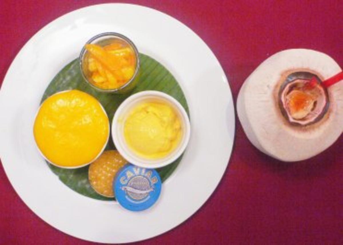 Mangoeis, Mangosalat und Mango-Espuma auf Creme Brulee - Rezept - Bild Nr. 2