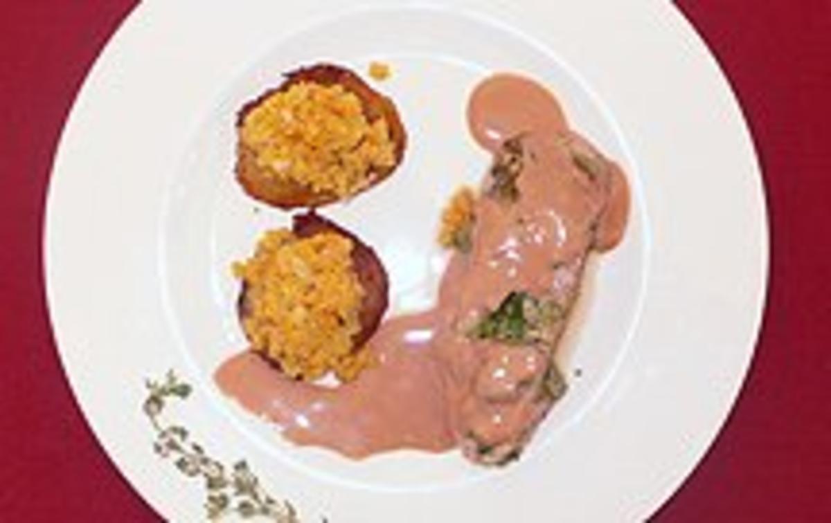 Bilder für Gefüllte Schweinelende mit lauwarmen Linsen auf Kartoffeltalern - Rezept