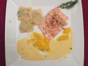 Lachforelle aus dem Ofen mit Thymiansoße und Mangoldravioli - Rezept - Bild Nr. 2