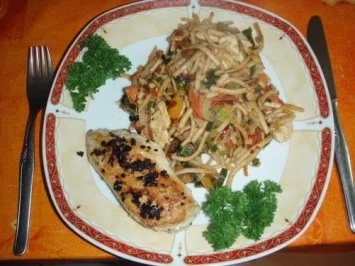 Sommergemüse mit Vollkornspätzle und Pouletbrüstchen aus dem Wok - Rezept