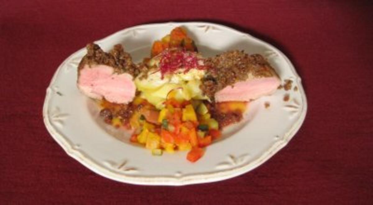 Kalbsfilet in der Schwarzbrotkruste mit Kartoffel-Schichttürmchen - Rezept