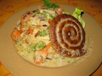 Rezept: Frühlingsgemüse küßt Pasta in Begleitung einer BratwurstSCHNECKE... ;-))))))) Frühlingsgemüse küßt Pasta in Begleitung einer BratwurstSCHNECKE... ;-))))))) - Rezept