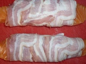 Tagliolina ai Funghi Porcini mit Lachs im Baconmantel an Erbsen-Curryrahm - Rezept - Bild Nr. 5