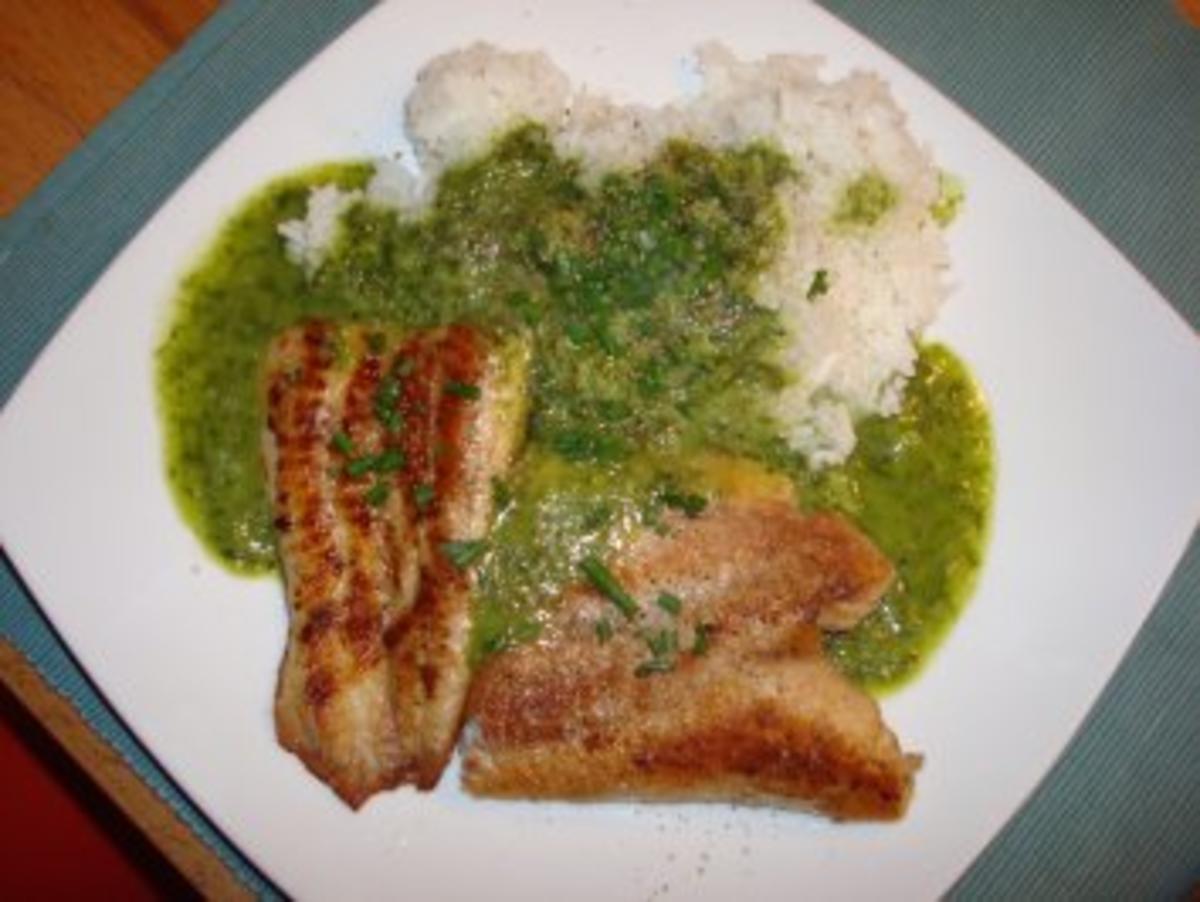 Fisch mit Reis und Bärlauchsoße - Rezept