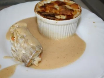 Seelachsrouladen an Butter-Creme und Kartoffel-Gratin - Rezept