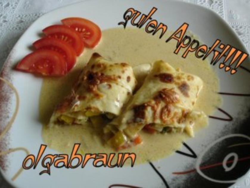 Pfannkuchen mit einer asiatischen Gemüsefüllung mit Senfsauce - Rezept ...