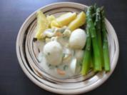 Hauptgericht : Senfeier mit grünem Spargel und Salzkartoffeln - Rezept
