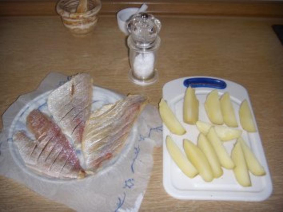 Doradenfilets mit Kartoffelspalten und Bohnensalat - Rezept - Bild Nr. 2