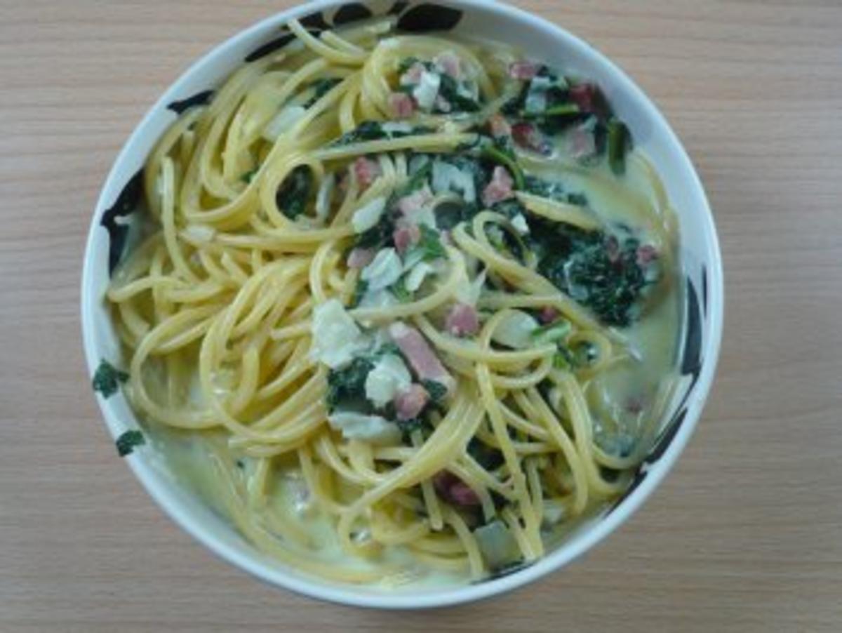 Spaghetti mit Blattspinat und Speck - Rezept