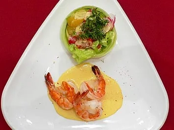 Gegrillte Riesengarnelen mit Curry-Vinaigrette und Salatbouquet - Rezept