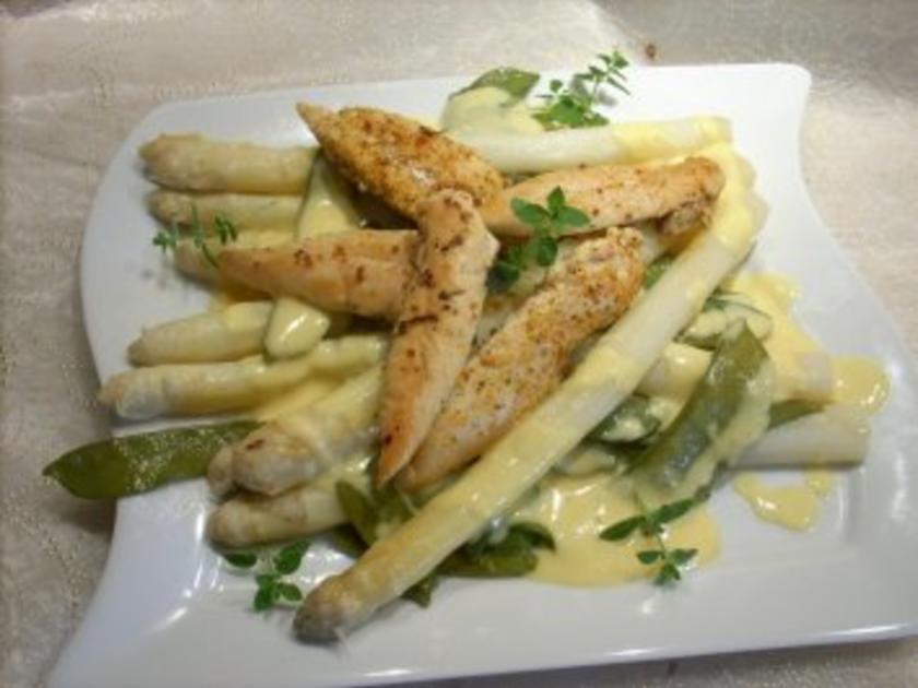 Spargel mit Hähnchen-Filetspitzen u Zuckerschoten - Rezept - kochbar.de