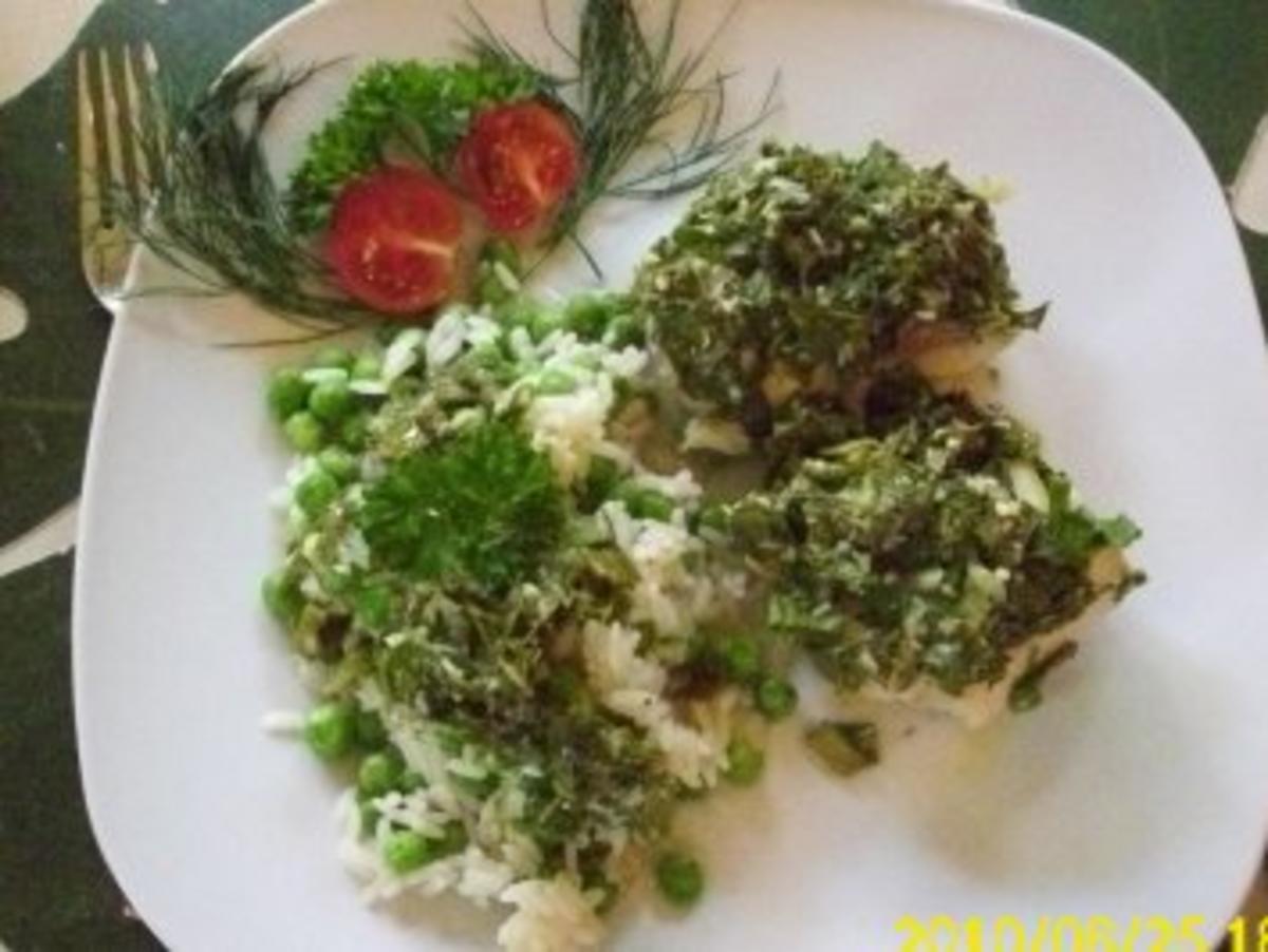 Bilder für Fisch: Kräuterwürzige Fische mit Erbsenreis - Rezept