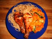 Hähnchenschenkel an Vollkornspaghetti und Gemüse - Rezept