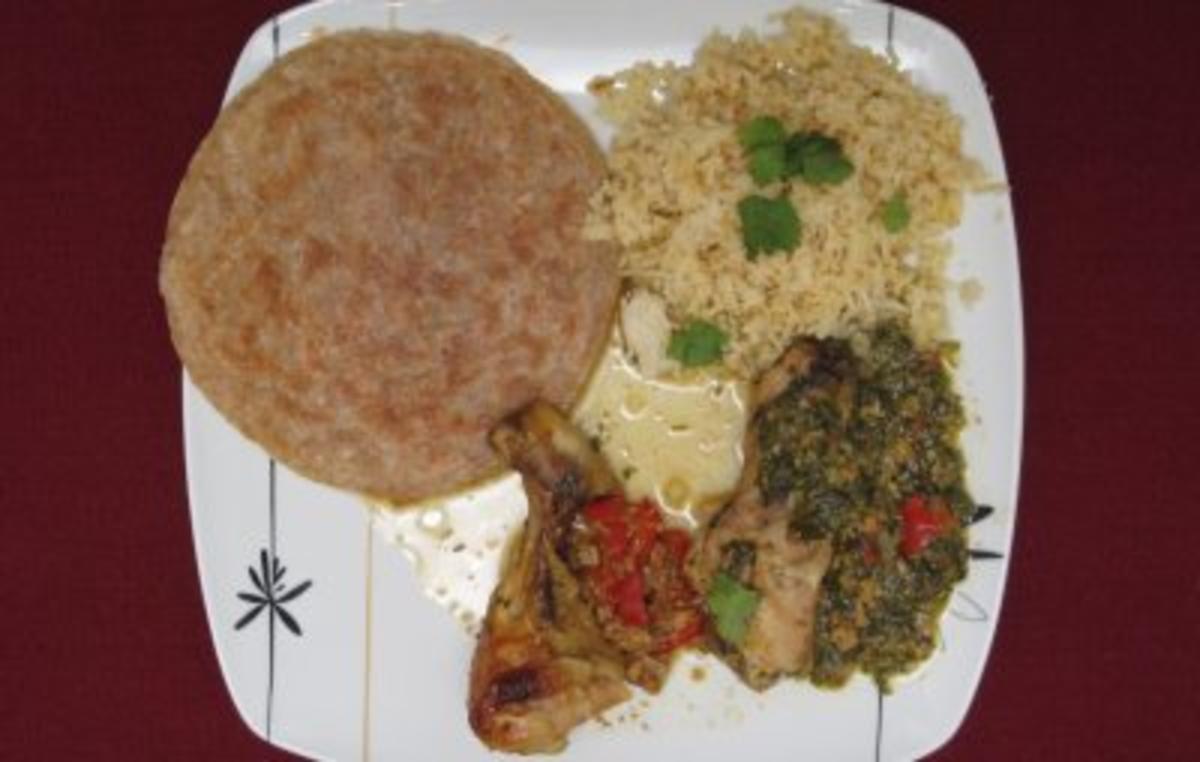 Tandoori-Chicken aus dem Backofen mit Spinat, Paprika und indischen Gewürzen - Rezept