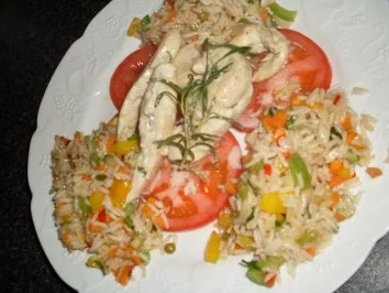 Knoblauchhuhnstreifen auf Tomate mit Gemüsereis - Rezept - Bild Nr. 7