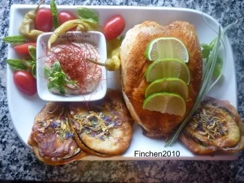 Rezept: "Bella Donna" Hähnchen an Auberginen im Tete de Moine-Mantel und Cajun Spice - Dip "Bella Donna" Hähnchen an Auberginen im Tete de Moine-Mantel und Cajun Spice - Dip - Rezept