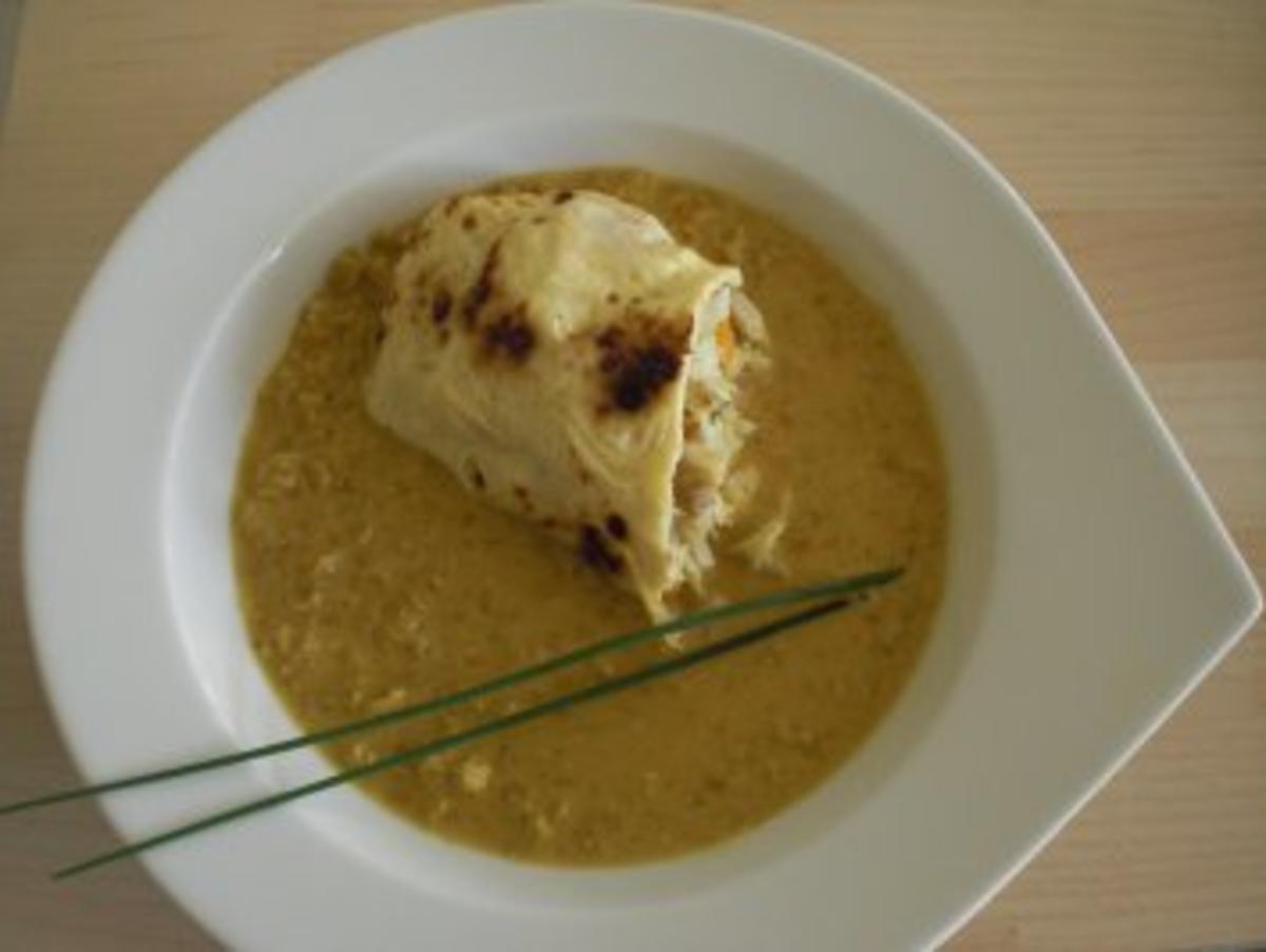 Vanille-Curry-Linsen mit (gedämpften) Lachs-Kokos-Pfannkuchen - Rezept