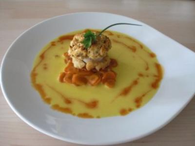 Rezept: Jakobsmuscheln-Safran-Crumble mit Karotten-Confit und Orangenblüten-Laksa Jakobsmuscheln-Safran-Crumble mit Karotten-Confit und Orangenblüten-Laksa - Rezept