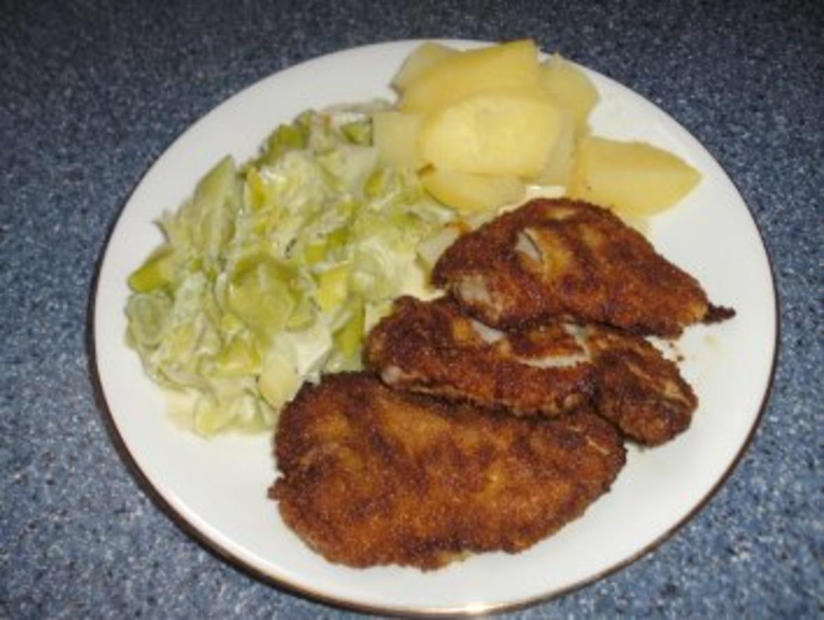 Schnitzelchen mit Lauch und Salzkartoffeln - Rezept