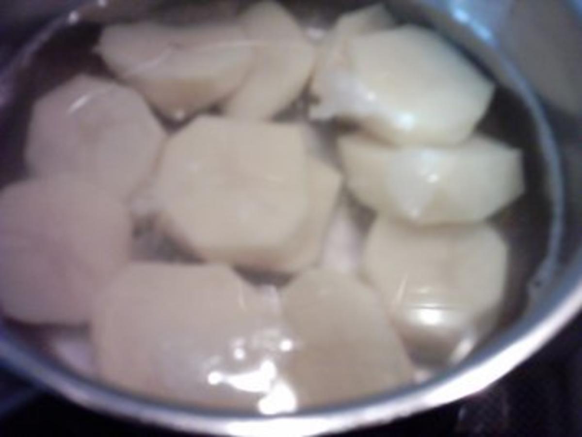 Pangasiusfilet mit karamellisierten Zitronenschale, Kräutersoße und Kartoffelnüsse - Rezept - Bild Nr. 2