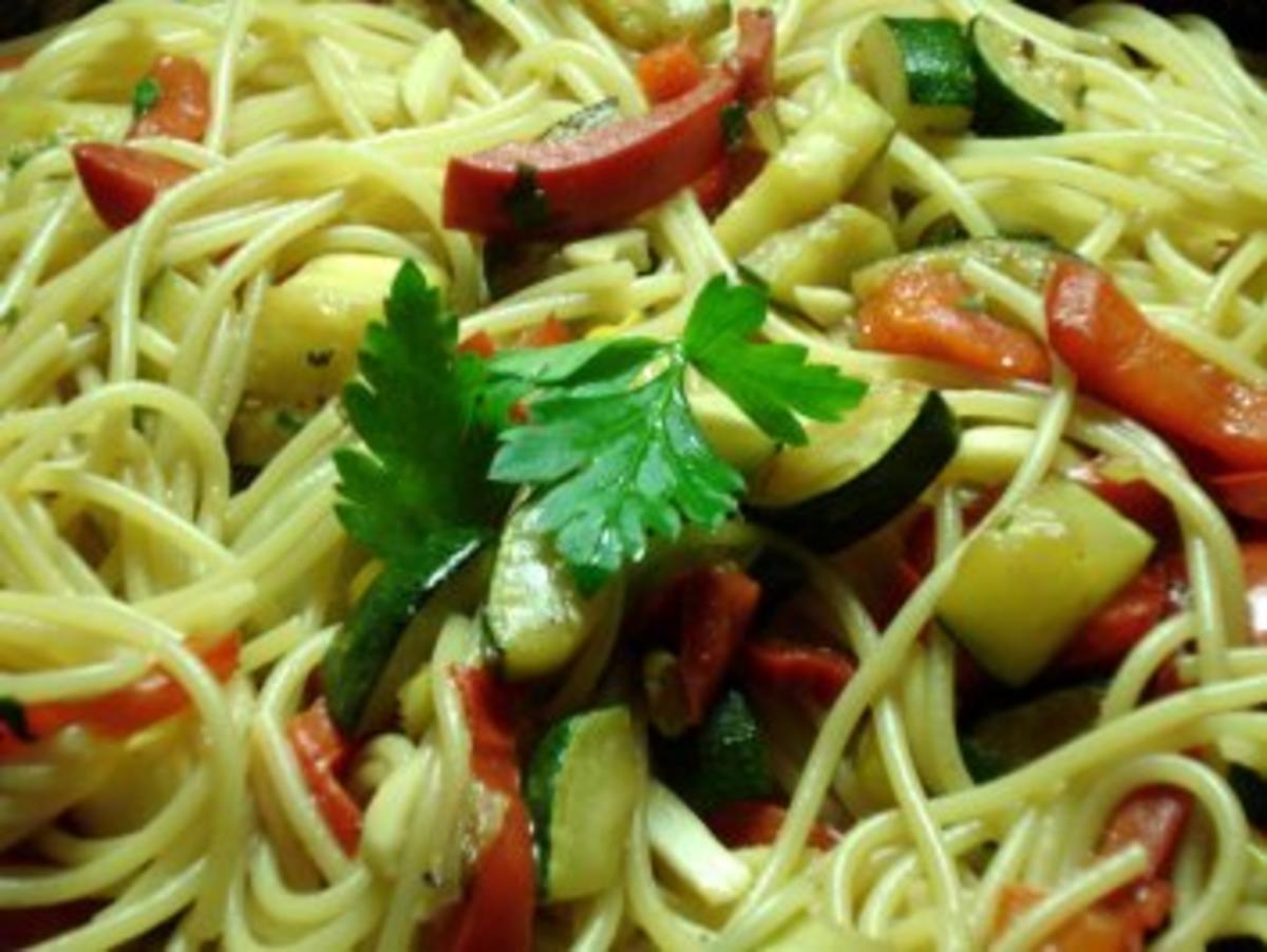 Spaghetti mit Sojasauce, Zucchini, Paprika, Spinat und Pilzen - Rezept - Bild Nr. 3