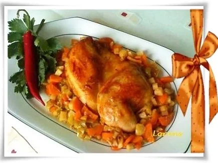 Hähnchen auf Gemüsebett - Rezept