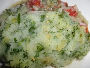 Rezept: Fisch : Fischfilet-Auflauf auf Tomaten (matratze) und Kartoffel (zudecke) Bild Nr. 8 Fisch : Fischfilet-Auflauf auf Tomaten (matratze) und Kartoffel (zudecke) - Rezept - Bild Nr. 8