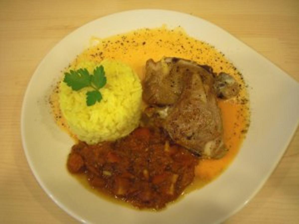 Lammkoteletts mit zweierlei Saucen von Paprika und Safran-Basmatireis ...