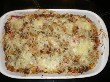 Aufläufe:Hackfleischtopf mit Curryreis und Käse Überbacken - Rezept