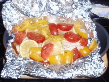 Saibling auf Gemüse in der Folie gegart mit Basmatireis - Rezept - Bild Nr. 6