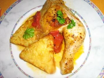 Chili-Hähnchenschenkel an Röstitalern - Rezept