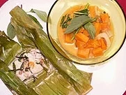 Papageienfisch im Bananenblatt mit Süßkartoffelcurry und Basmatireis - Rezept