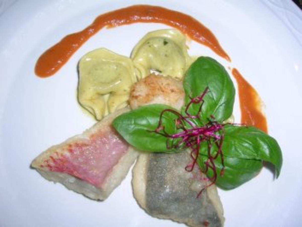 gefüllte Tortellini in Rucolapesto,mit gebr. Rotbarbe,Jakobsmuschel und Petersfisch - Rezept