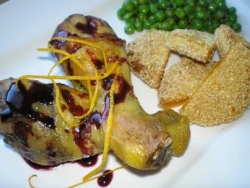 Hänchenschenkel in fruchtiger Sauce mit Süßkartoffelscheiben im Couscousmantel - Rezept - Bild Nr. 5