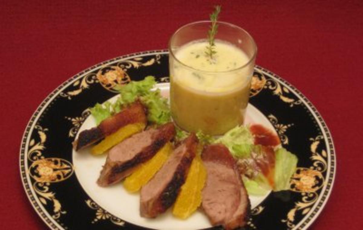 Entenbrust in Calvados glasiert an Gemüsecreme mit Thymianschaum - Rezept