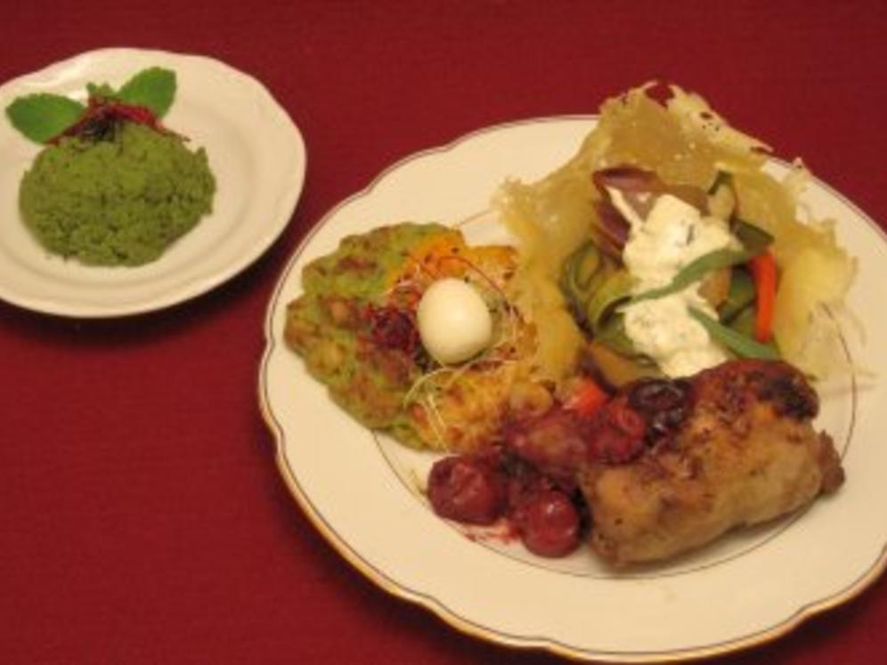 Cailles aux Cerises mit italienischem Gemüse und Lavendel-Salbeisoße ...