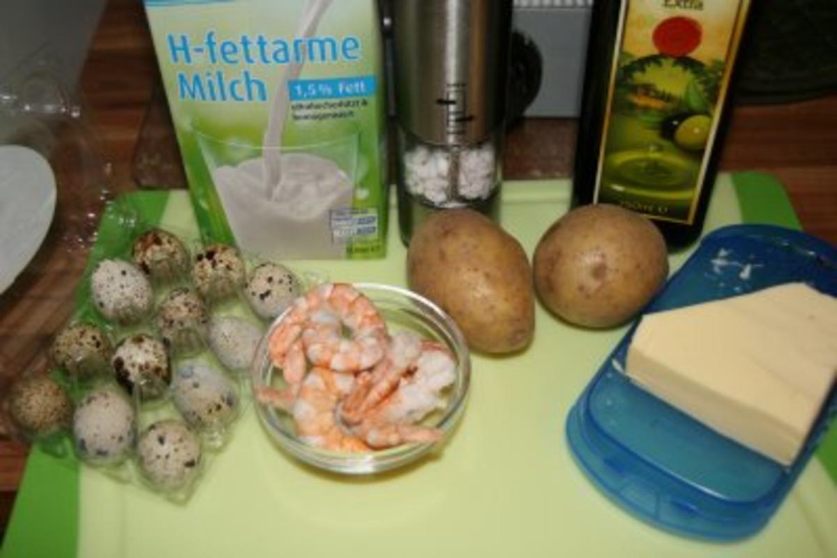 Kartoffelpüree mit Wachtelspiegelei und Krabben - Rezept - Bild Nr. 2