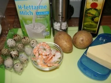 Kartoffelpüree mit Wachtelspiegelei und Krabben - Rezept - Bild Nr. 2