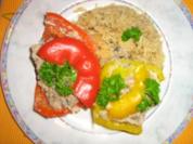 Gefüllte Paprika mit Putenhack, Champignons und Reis - Rezept