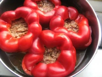 Rezept: gefüllte Paprikaschoten auf Kartoffelpürree und als Beilage Sauerrahmgurken, Bild Nr. 4 gefüllte Paprikaschoten auf Kartoffelpürree und als Beilage Sauerrahmgurken, - Rezept - Bild Nr. 4